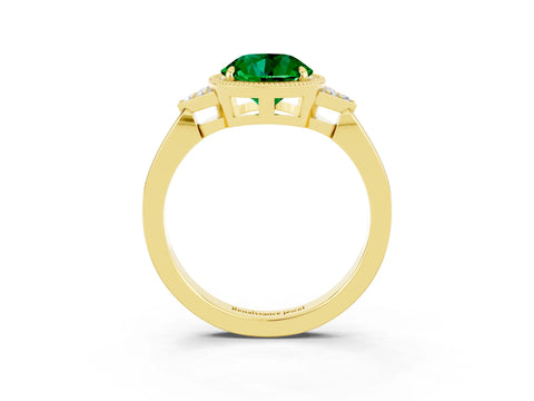 Yellow gold Round Cut Emerald Halo Ring with Tapered Band and Four-Prong Setting_3
