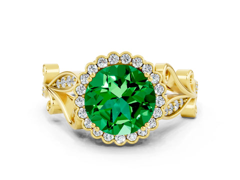 Yellow gold Round Cut Emerald Halo Ring with Vintage Split Shank and Four-Prong Setting_34