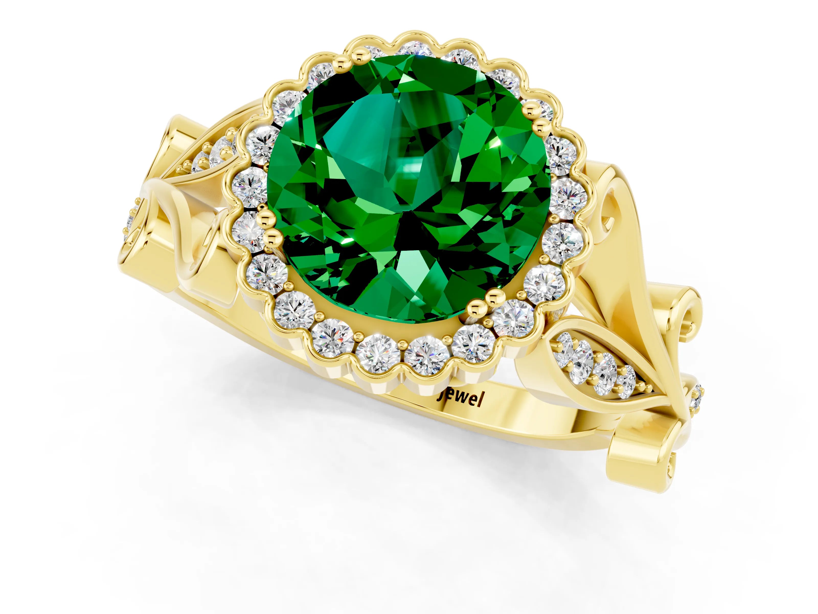 Yellow gold Round Cut Emerald Halo Ring with Vintage Split Shank and Four-Prong Setting_35
