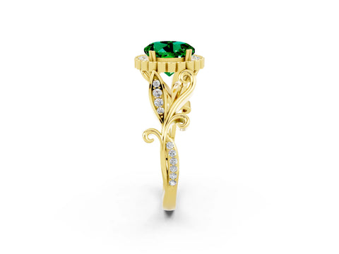 Yellow gold Round Cut Emerald Halo Ring with Vintage Split Shank and Four-Prong Setting_36
