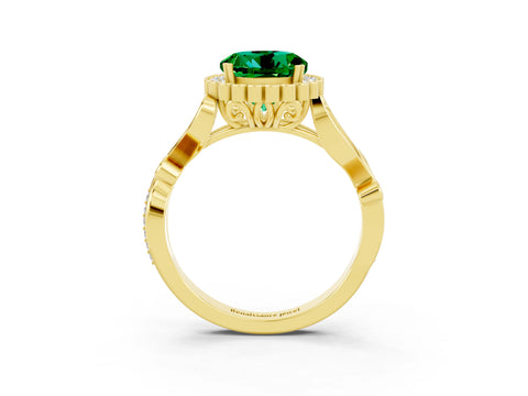 Yellow gold Round Cut Emerald Halo Ring with Vintage Split Shank and Four-Prong Setting_37