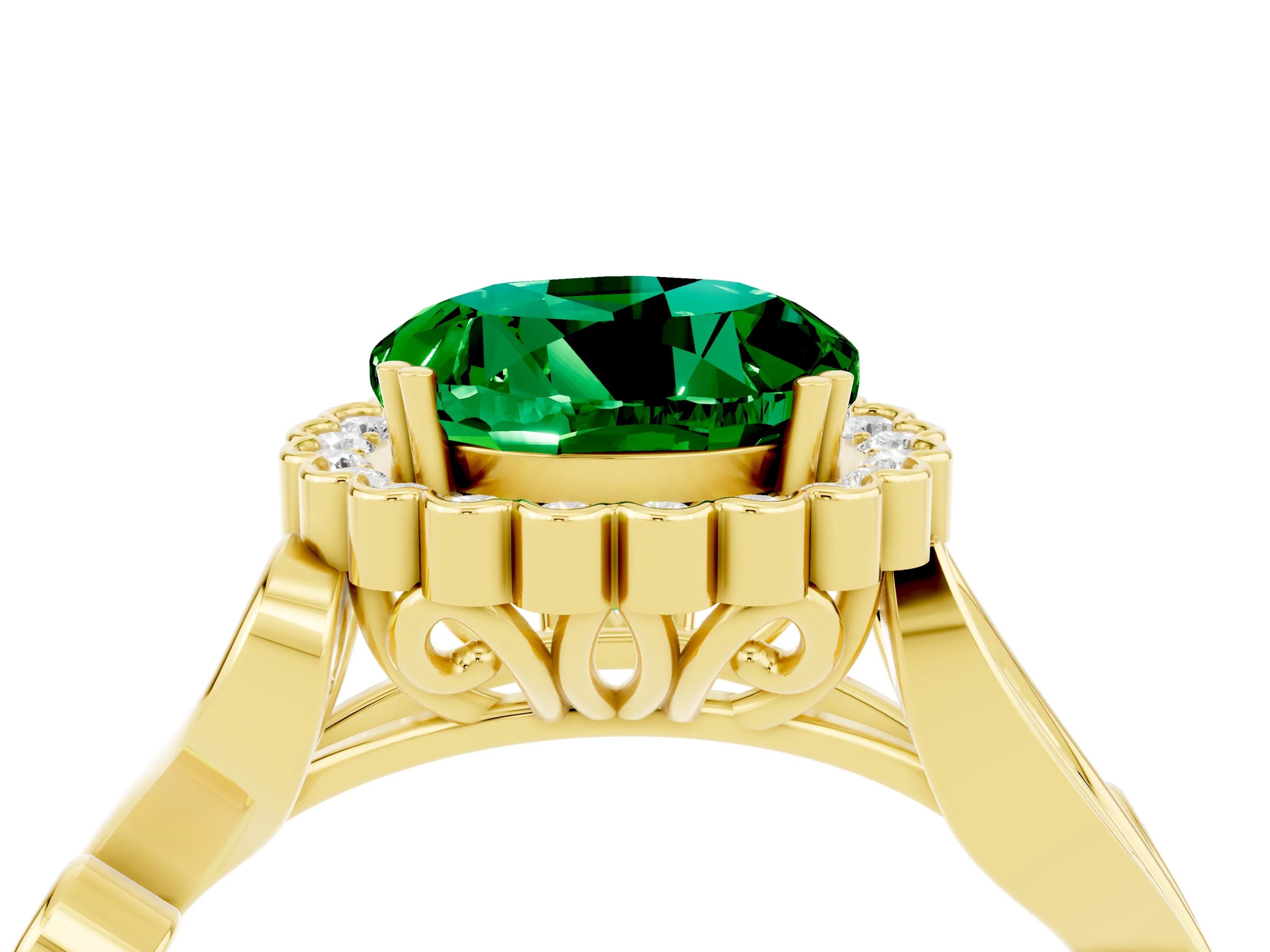 Yellow gold Round Cut Emerald Halo Ring with Vintage Split Shank and Four-Prong Setting_38