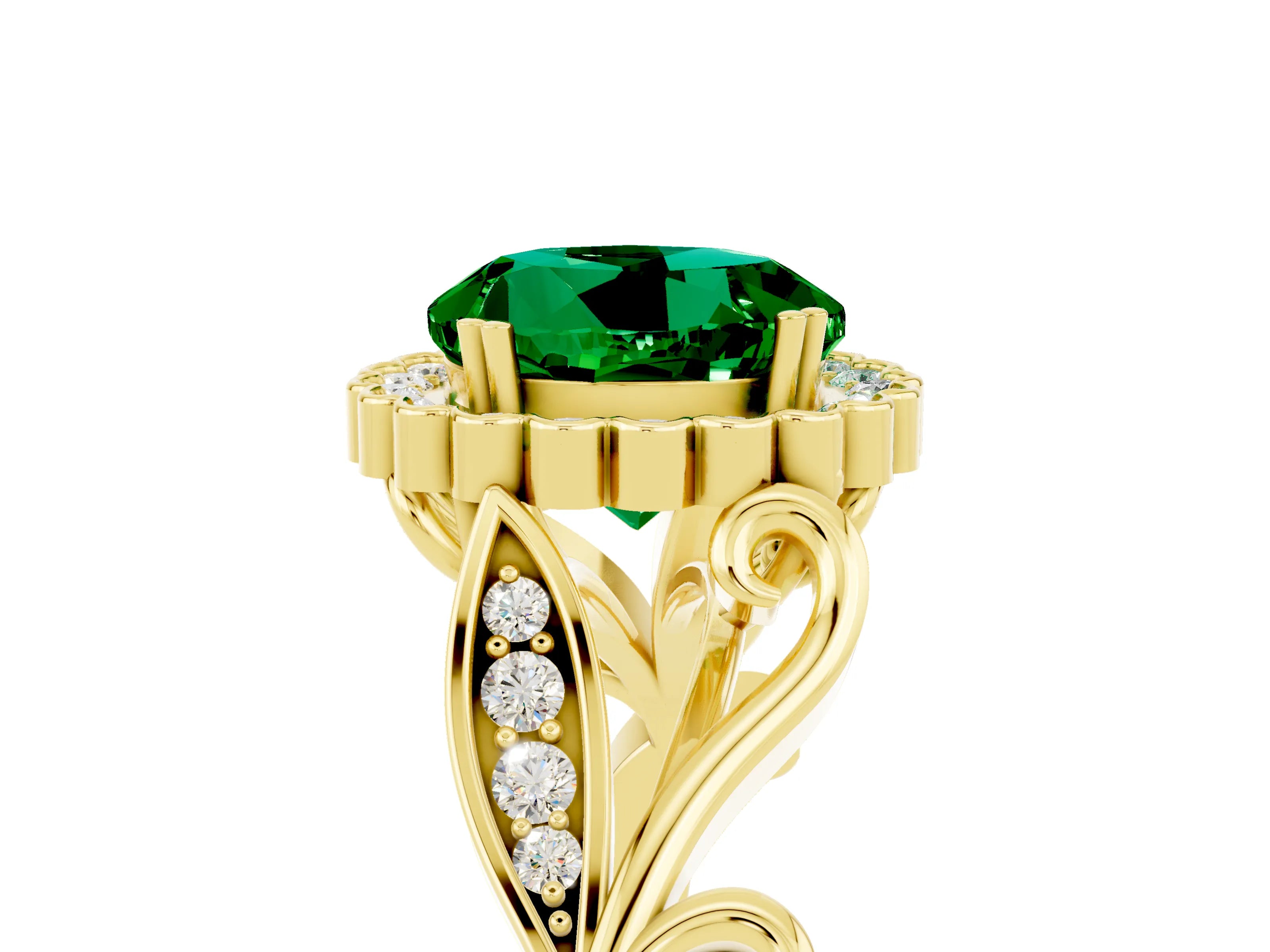 Yellow gold Round Cut Emerald Halo Ring with Vintage Split Shank and Four-Prong Setting_39
