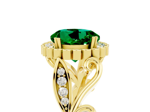 Yellow gold Round Cut Emerald Halo Ring with Vintage Split Shank and Four-Prong Setting_39