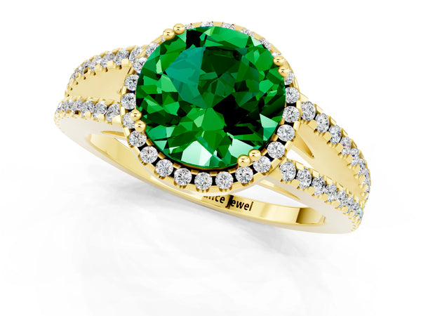 Yellow gold Round Cut Emerald Halo Split Shank Engagement Ring