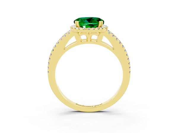 Yellow gold Round Cut Emerald Halo Split Shank Engagement Ring