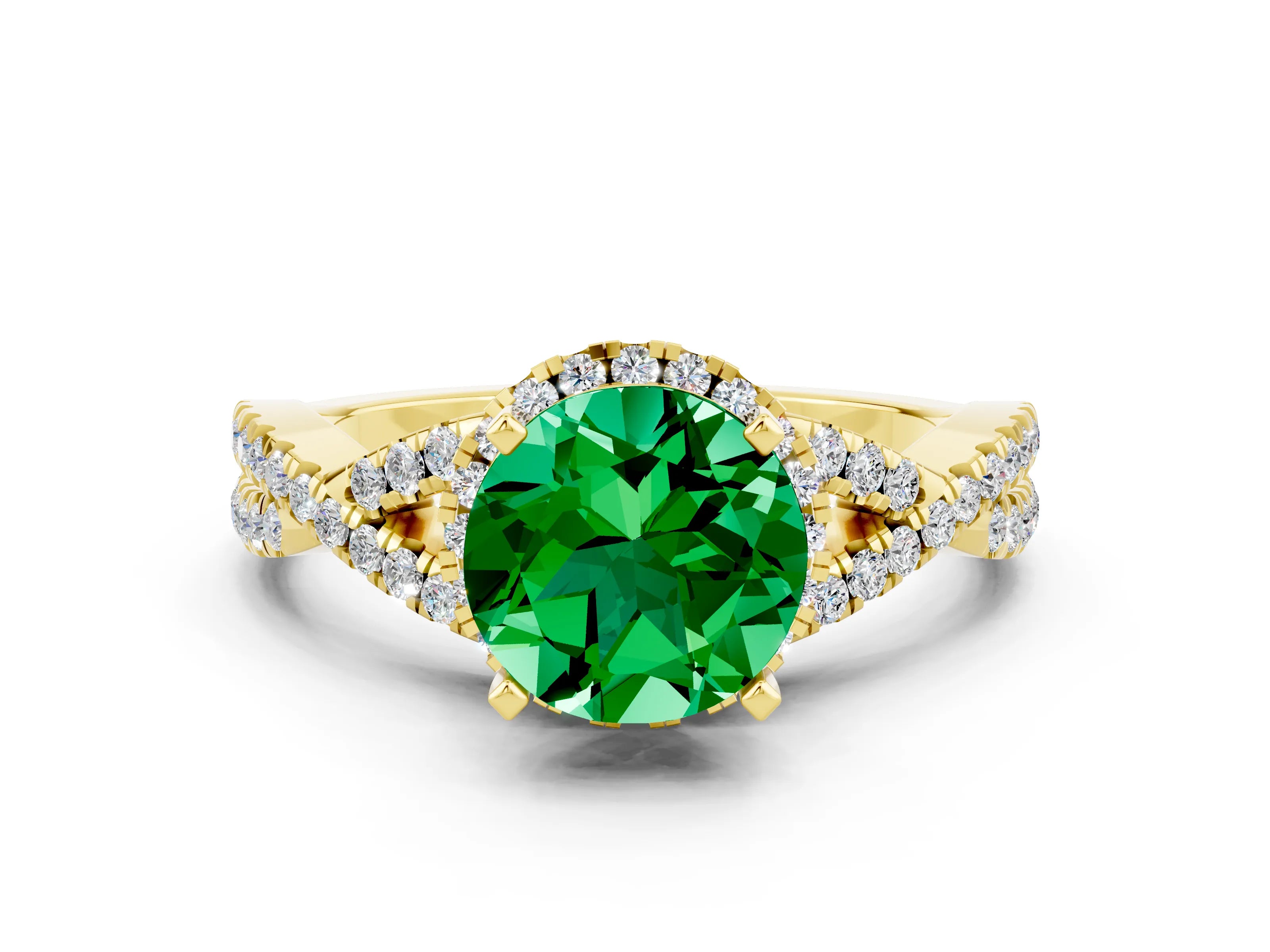 Yellow gold Round Cut Emerald Halo Twist Band Solitaire Prong Setting Ring