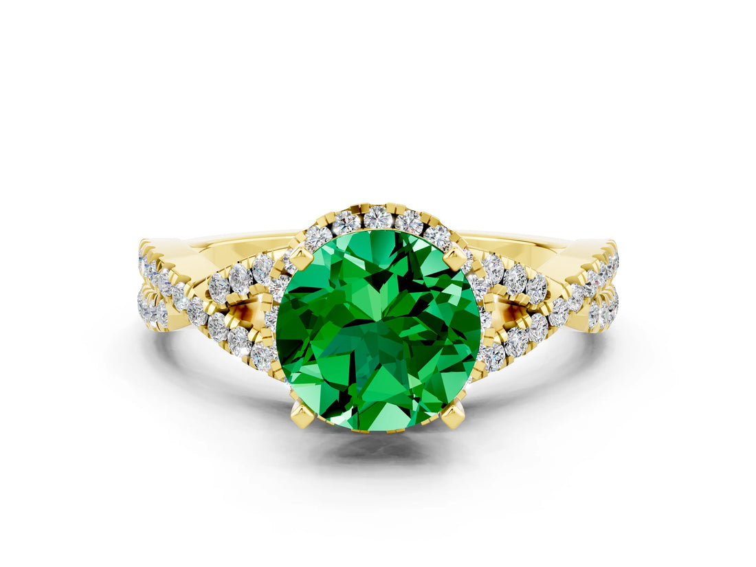 Yellow gold Round Cut Emerald Halo Twist Band Solitaire Prong Setting Ring