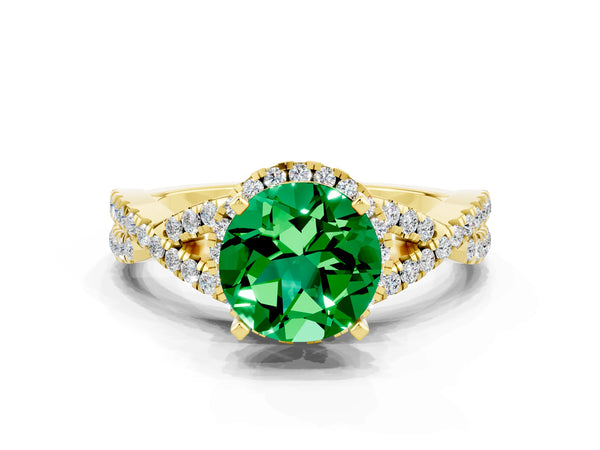Yellow gold Round Cut Emerald  Halo Twist Band Solitaire Prong Setting Ring