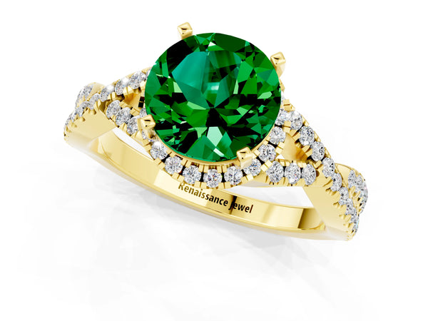 Yellow gold Round Cut Emerald  Halo Twist Band Solitaire Prong Setting Ring