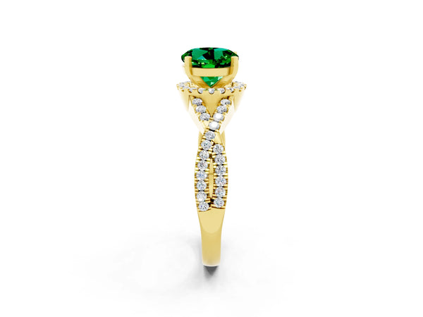 Yellow gold Round Cut Emerald  Halo Twist Band Solitaire Prong Setting Ring