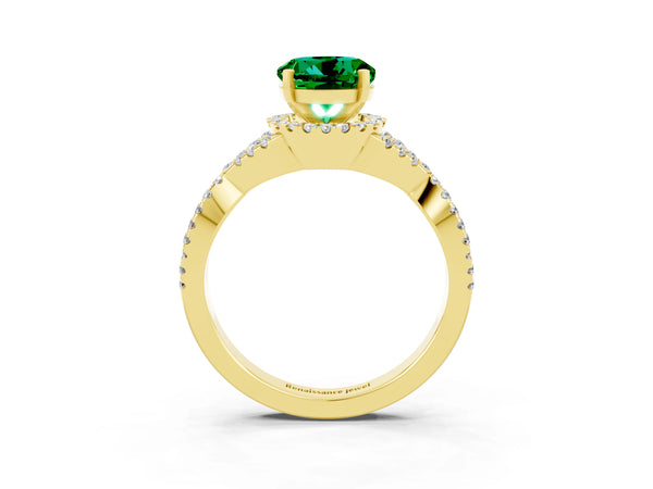 Yellow gold Round Cut Emerald  Halo Twist Band Solitaire Prong Setting Ring