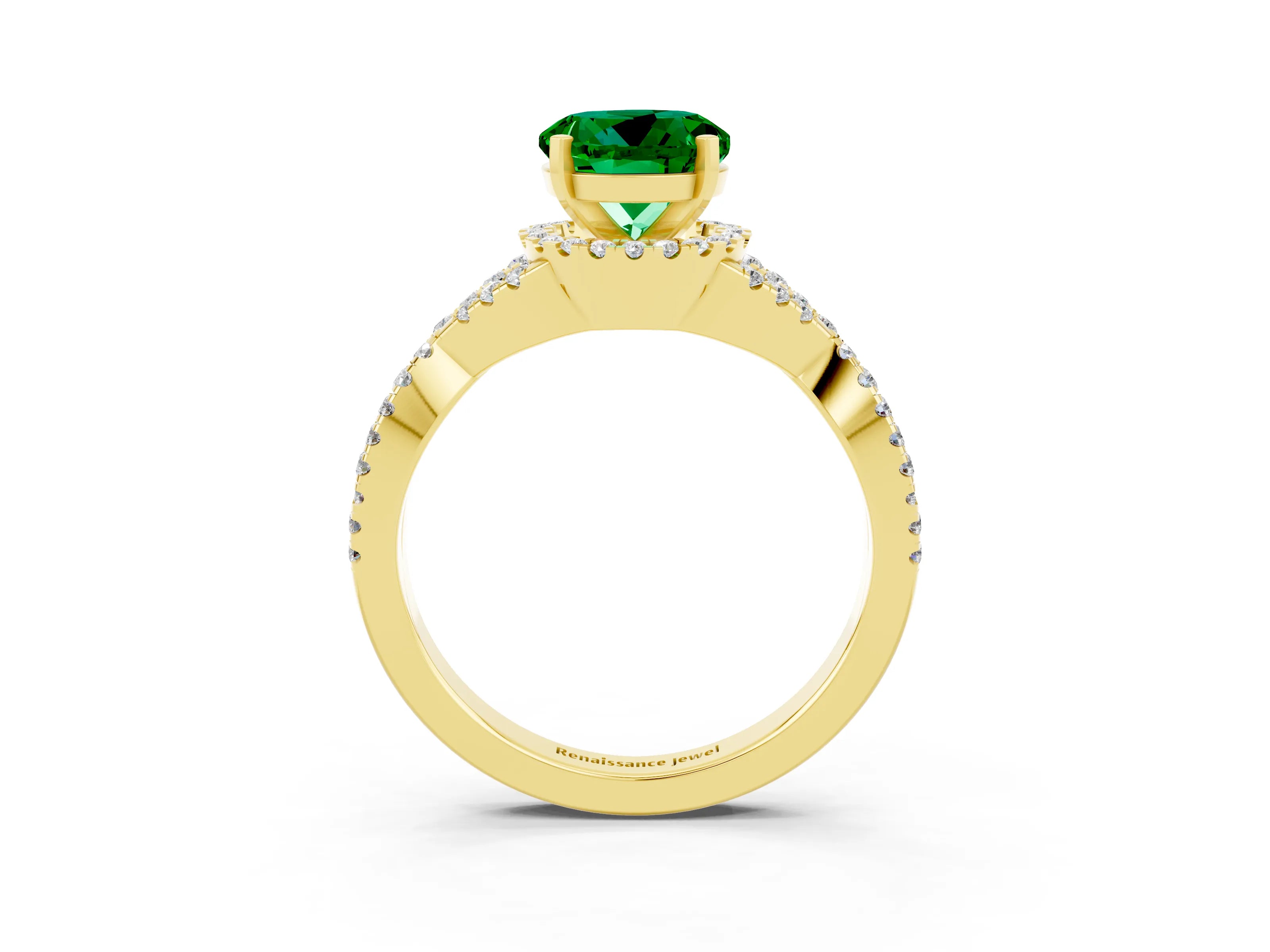 Yellow gold Round Cut Emerald Halo Twist Band Solitaire Prong Setting Ring_3
