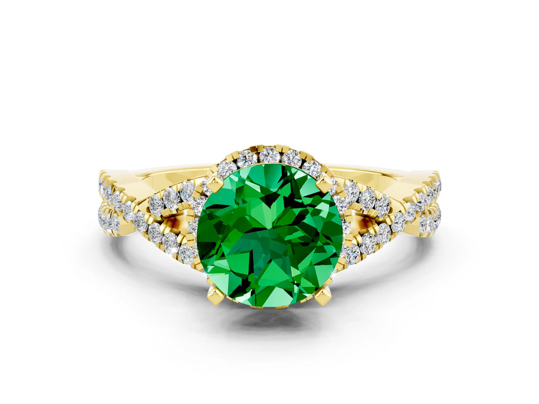Yellow gold Round Cut Emerald  Halo Twist Band Solitaire Prong Setting Ring_42
