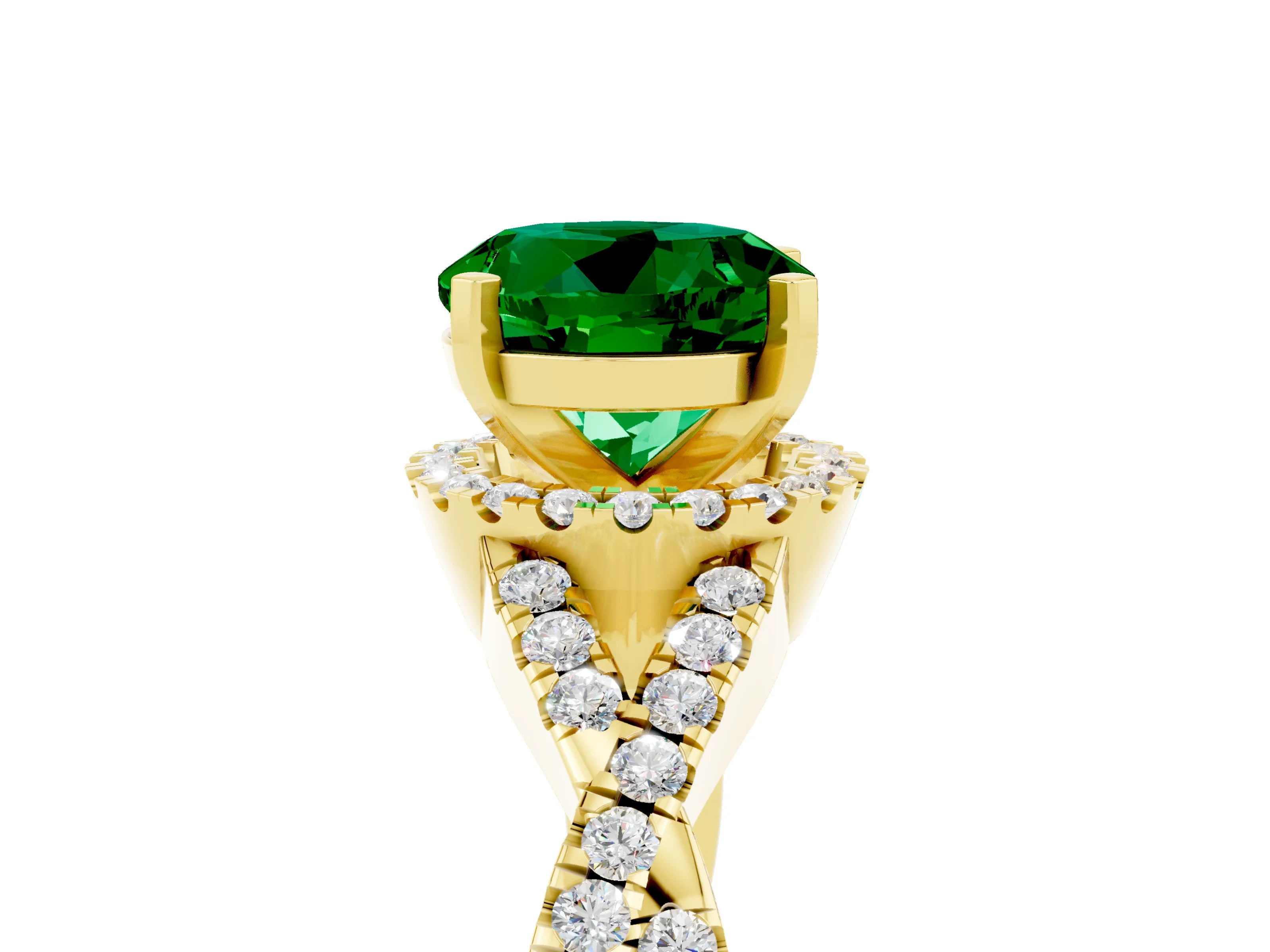 Yellow gold Round Cut Emerald Halo Twist Band Solitaire Prong Setting Ring_5