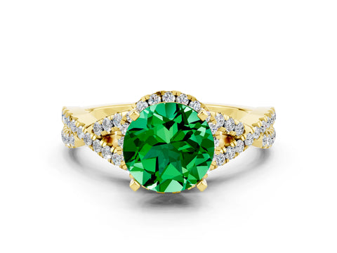 Yellow gold Round Cut Emerald Halo Twist Band Solitaire Prong Setting Ring