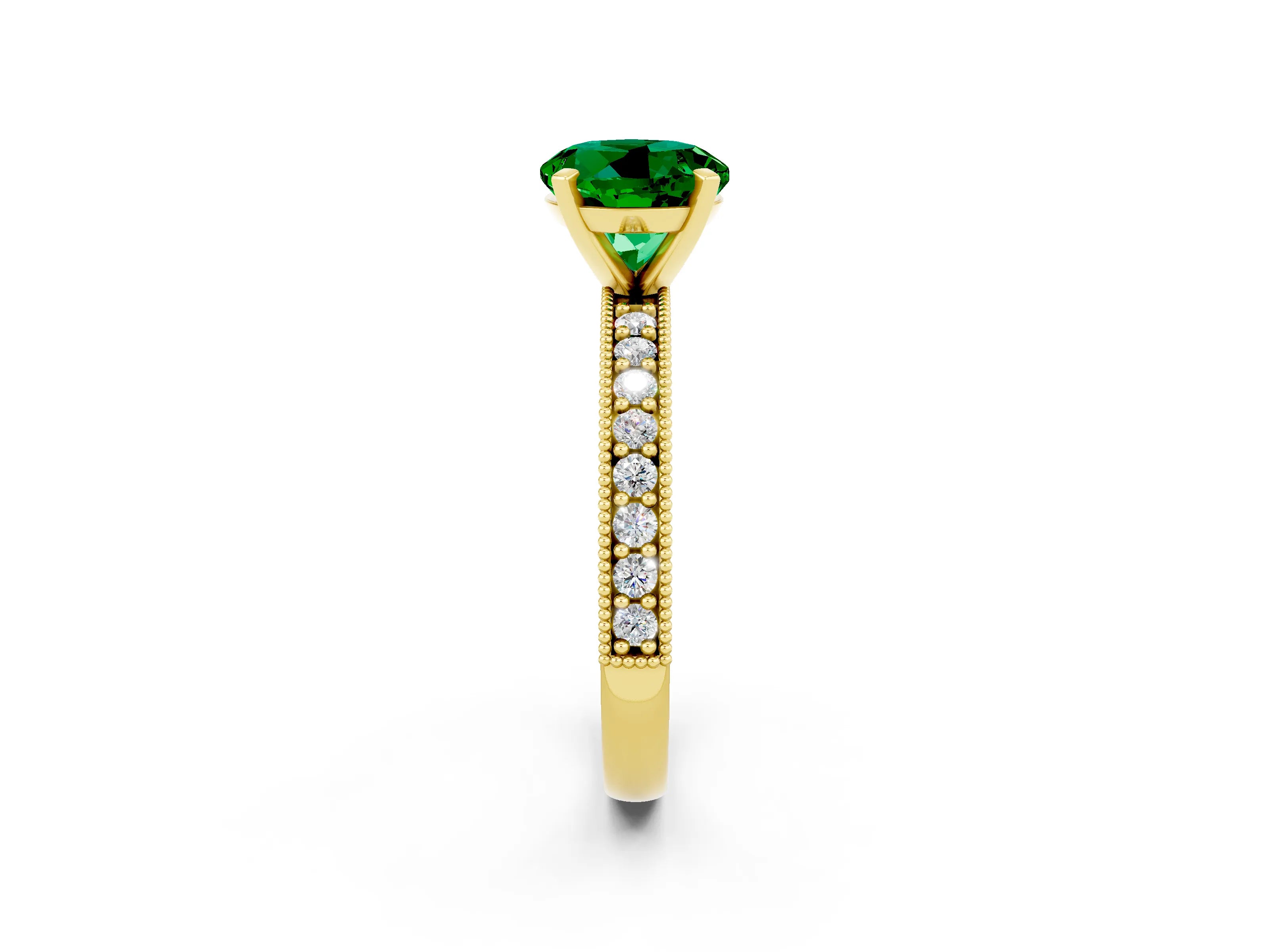 Yellow gold Round Cut Emerald Milgrain Pavé Engagement Ring with Four-Prong Setting_2