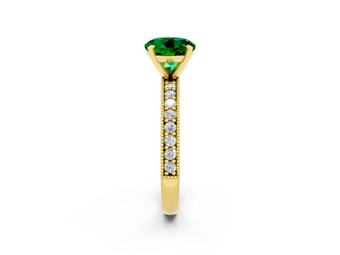 Yellow gold Round Cut Emerald Milgrain Pavé Engagement Ring with Four-Prong Setting_2