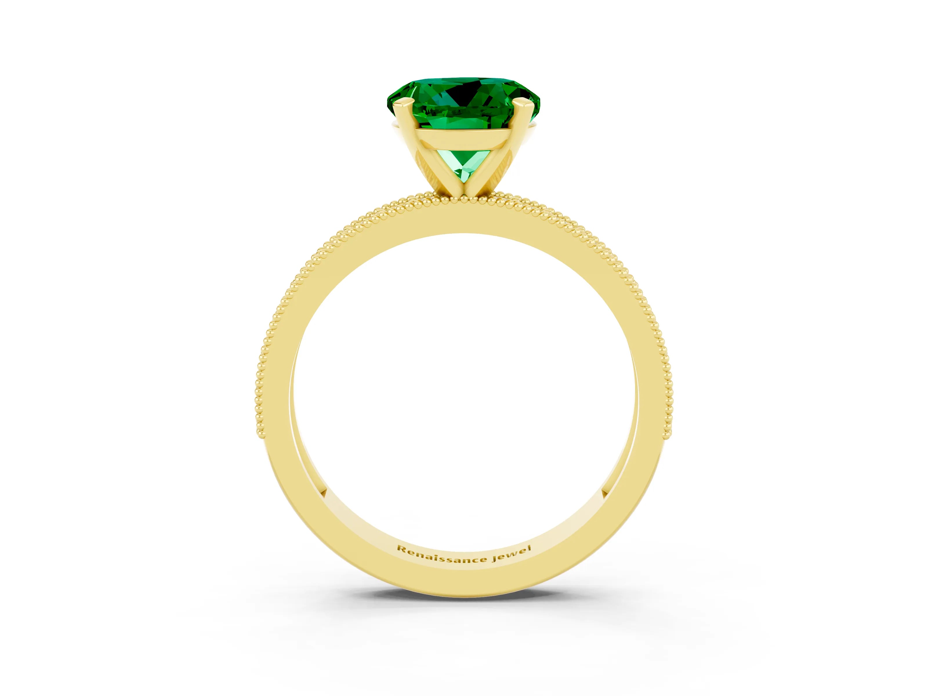 Yellow gold Round Cut Emerald Milgrain Pavé Engagement Ring with Four-Prong Setting_3