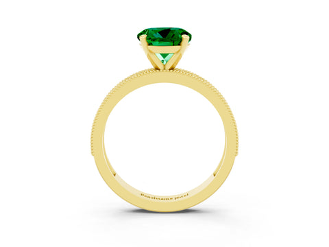 Yellow gold Round Cut Emerald Milgrain Pavé Engagement Ring with Four-Prong Setting_3