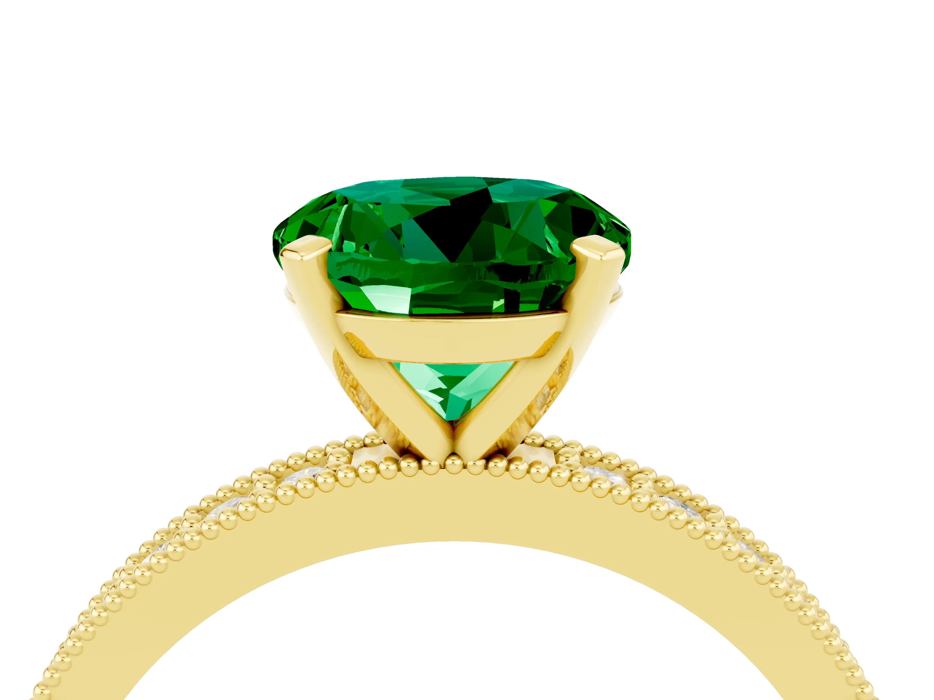 Yellow gold Round Cut Emerald Milgrain Pavé Engagement Ring with Four-Prong Setting_4