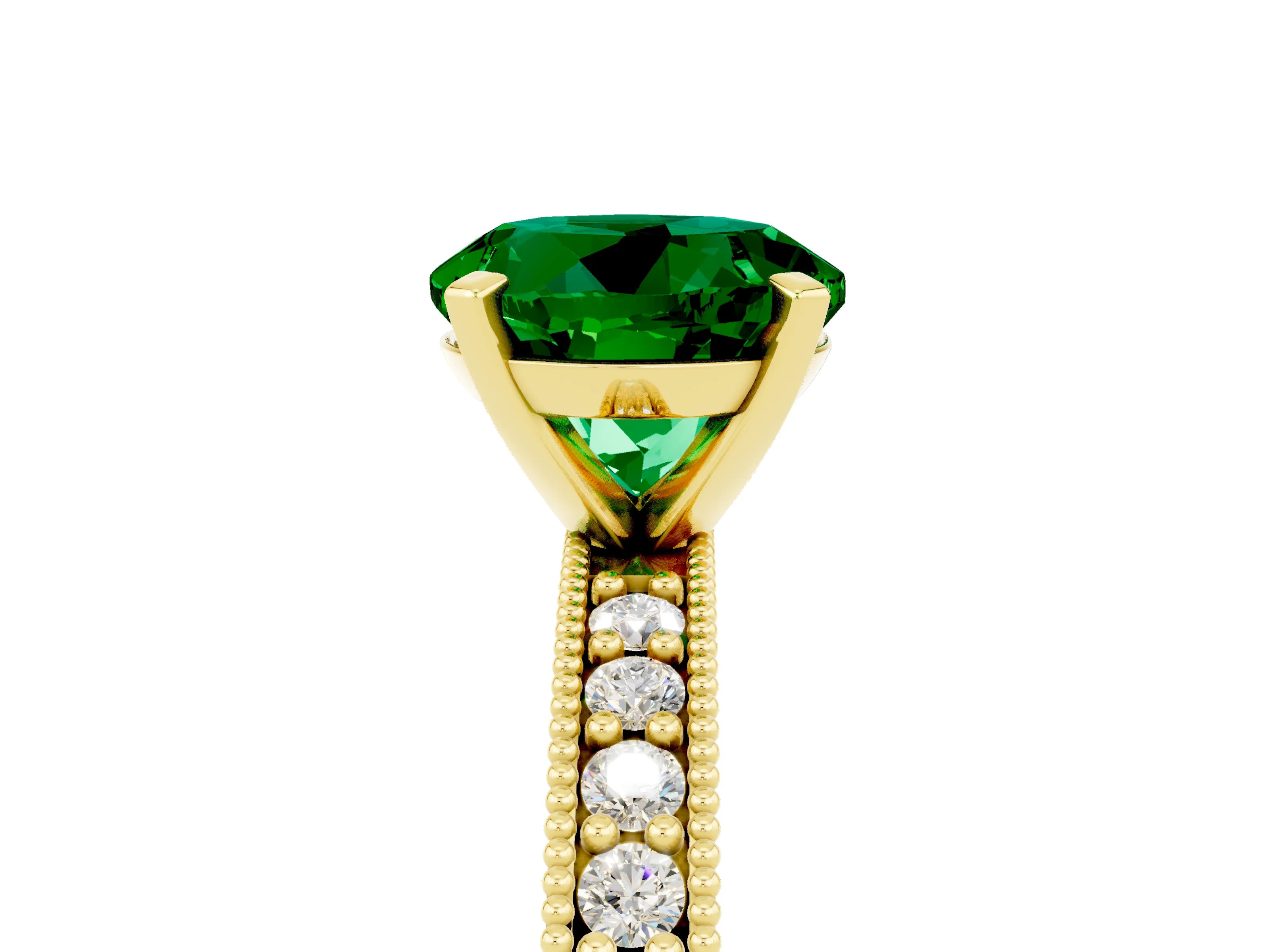 Yellow gold Round Cut Emerald Milgrain Pavé Engagement Ring with Four-Prong Setting_5