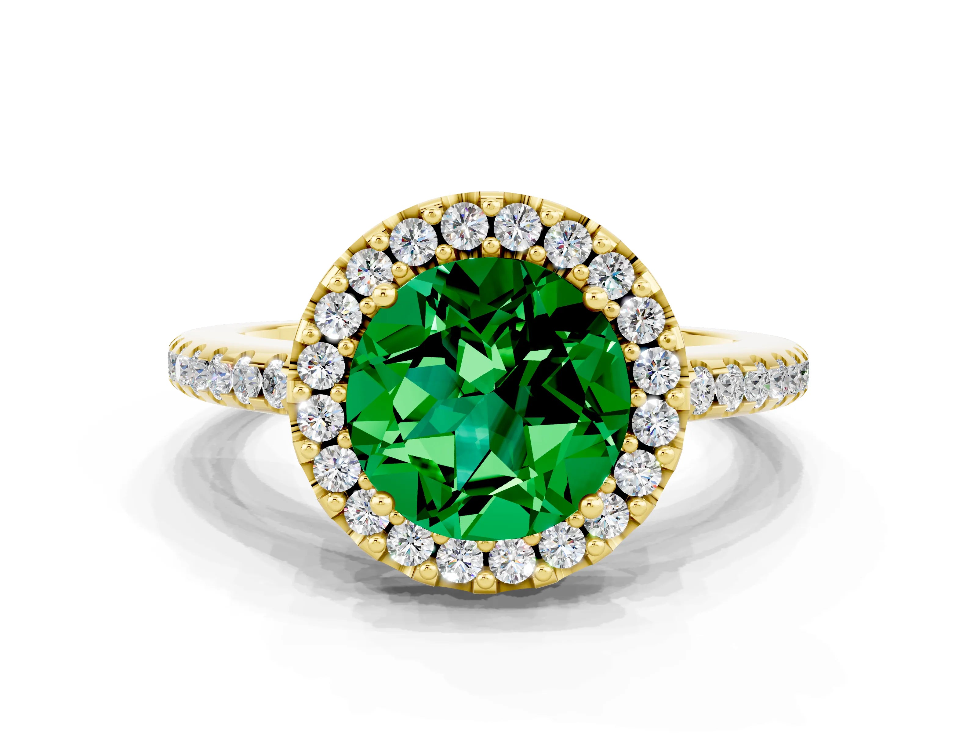 Yellow gold Round Cut Emerald Pavé Halo Ring with Four-Prong Setting_12