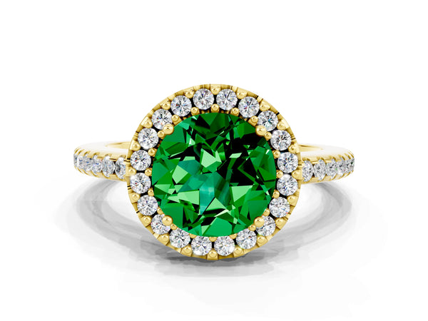 Yellow gold Round Cut Emerald Pavé Halo Ring with Four-Prong Setting