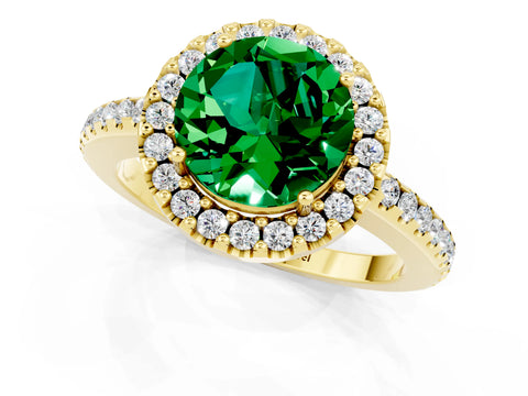 Yellow gold Round Cut Emerald Pavé Halo Ring with Four-Prong Setting_13