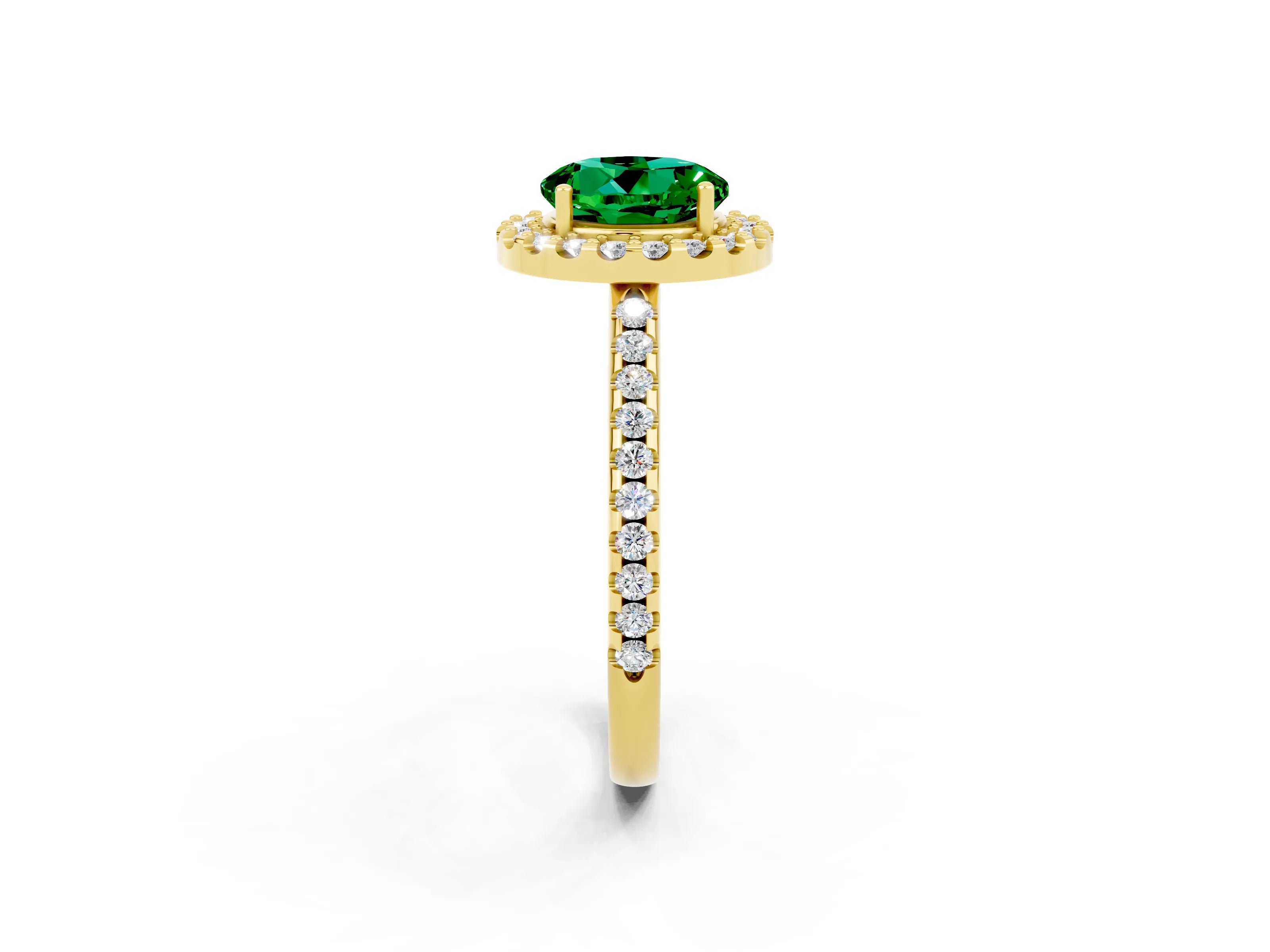 Yellow gold Round Cut Emerald Pavé Halo Ring with Four-Prong Setting_14