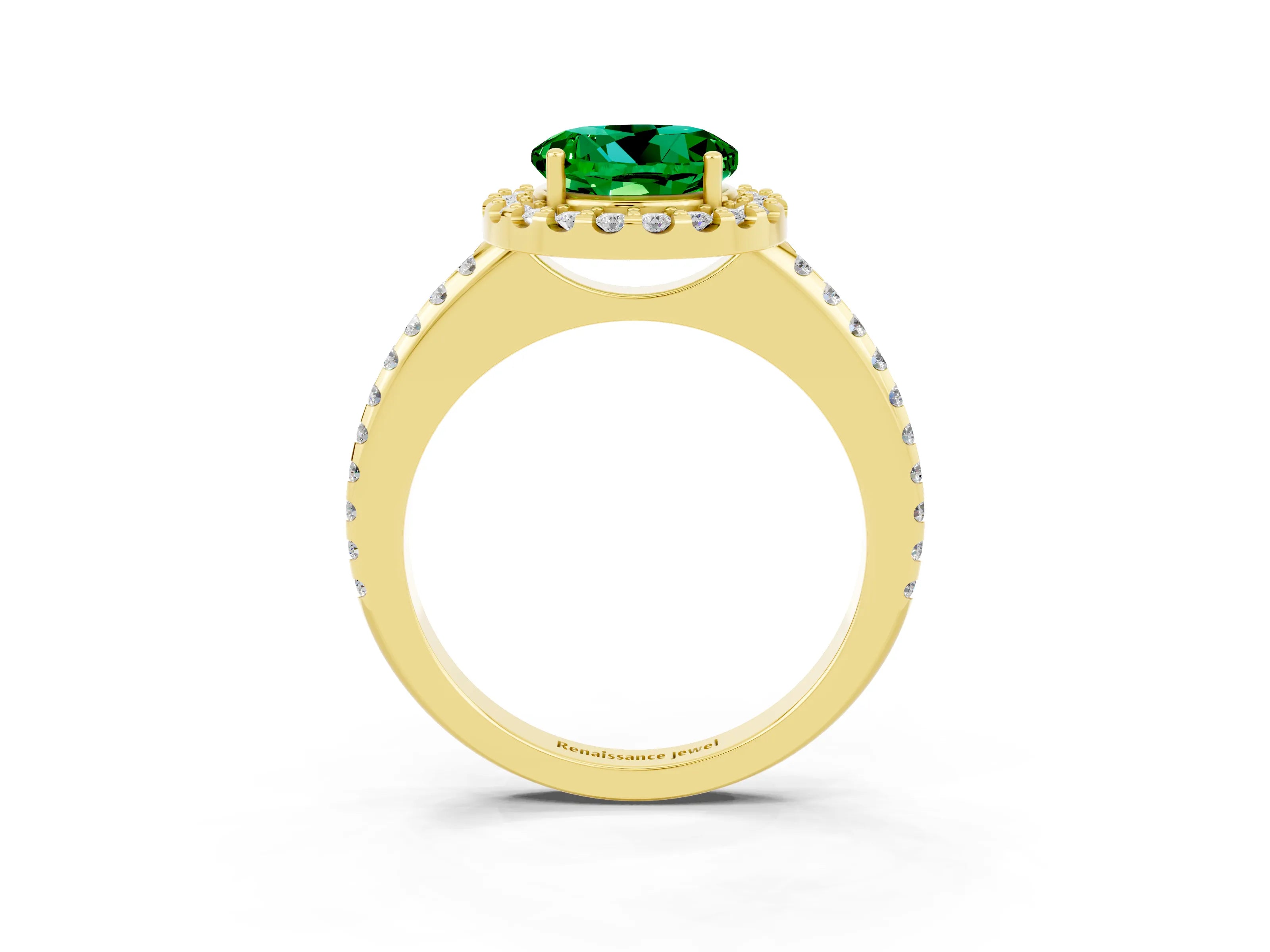 Yellow gold Round Cut Emerald Pavé Halo Ring with Four-Prong Setting_15