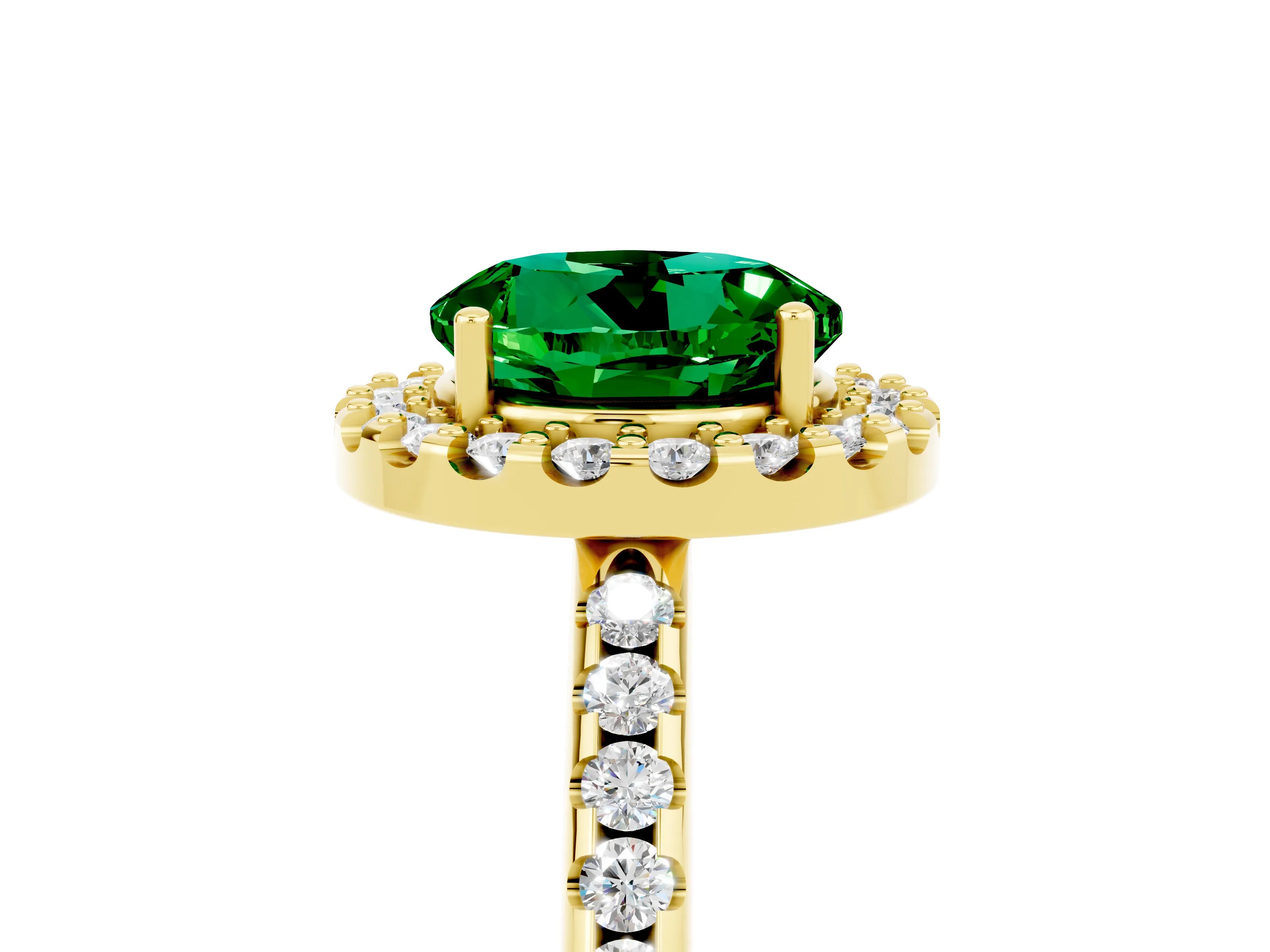 Yellow gold Round Cut Emerald Pavé Halo Ring with Four-Prong Setting_17