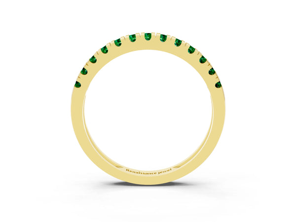 Yellow Gold Round Lab-Grown Emerald Thin Pave Half Eternity Wedding Band