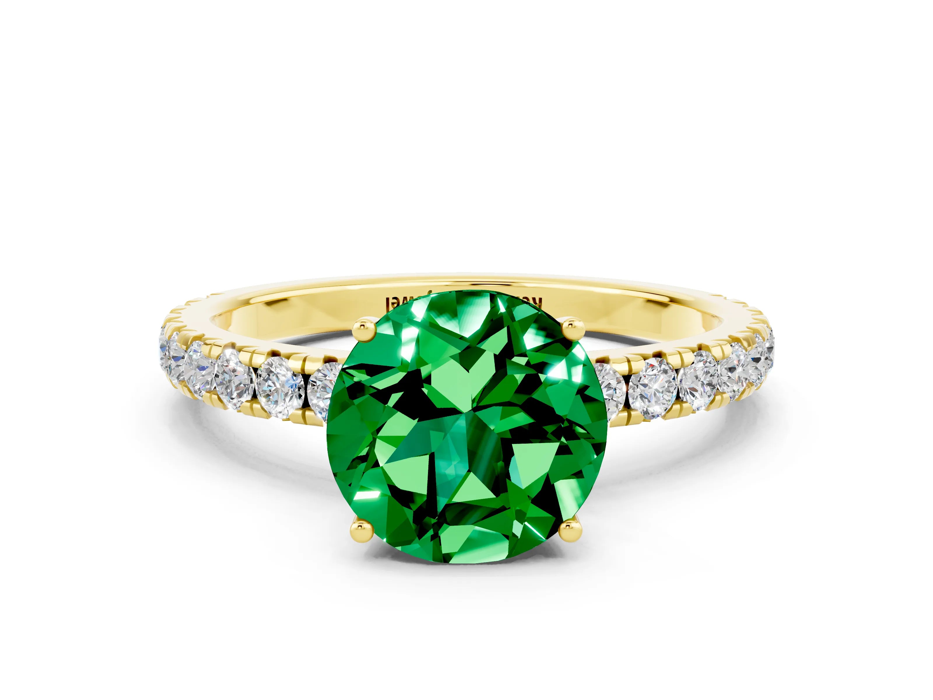 Yellow gold Round Cut Emerald Pavé Solitaire Engagement Ring with Four-Prong Setting_12