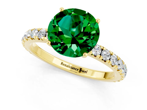 Yellow gold Round Cut Emerald Pavé Solitaire Engagement Ring with Four-Prong Setting_13