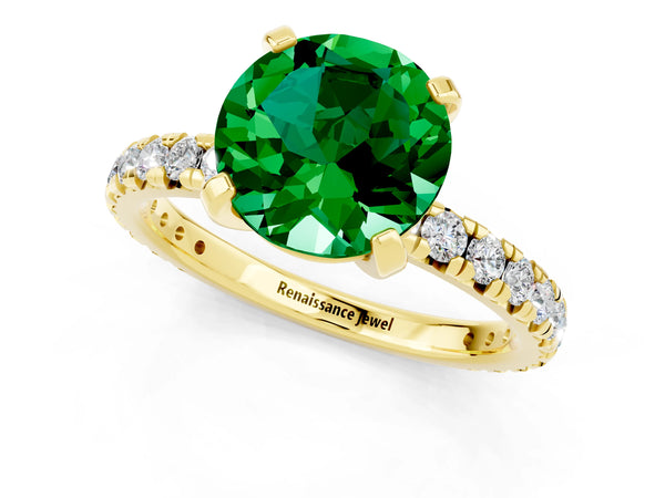 Yellow gold Round Cut Emerald Pavé Solitaire Ring with Round Band and Prong Setting