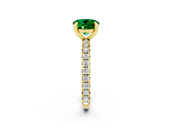 Yellow gold Round Cut Emerald Pavé Solitaire Ring with Round Band and Prong Setting