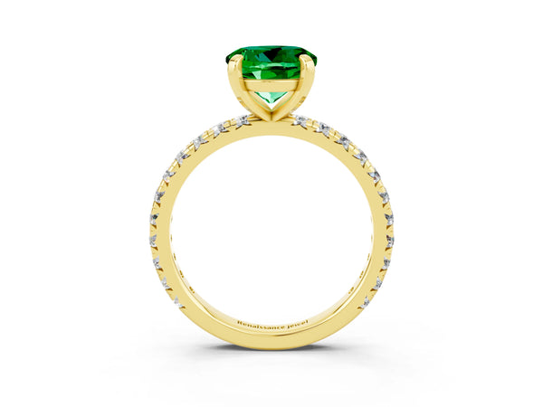 Yellow gold Round Cut Emerald Pavé Solitaire Ring with Round Band and Prong Setting