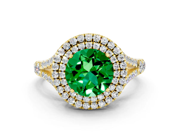 Yellow gold Round Cut Emerald Pavé Split Shank Double Halo Engagement Ring