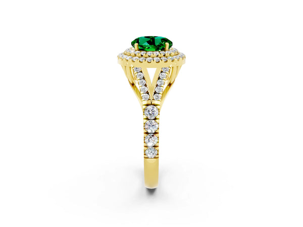 Yellow gold Round Cut Emerald Pavé Split Shank Double Halo Engagement Ring