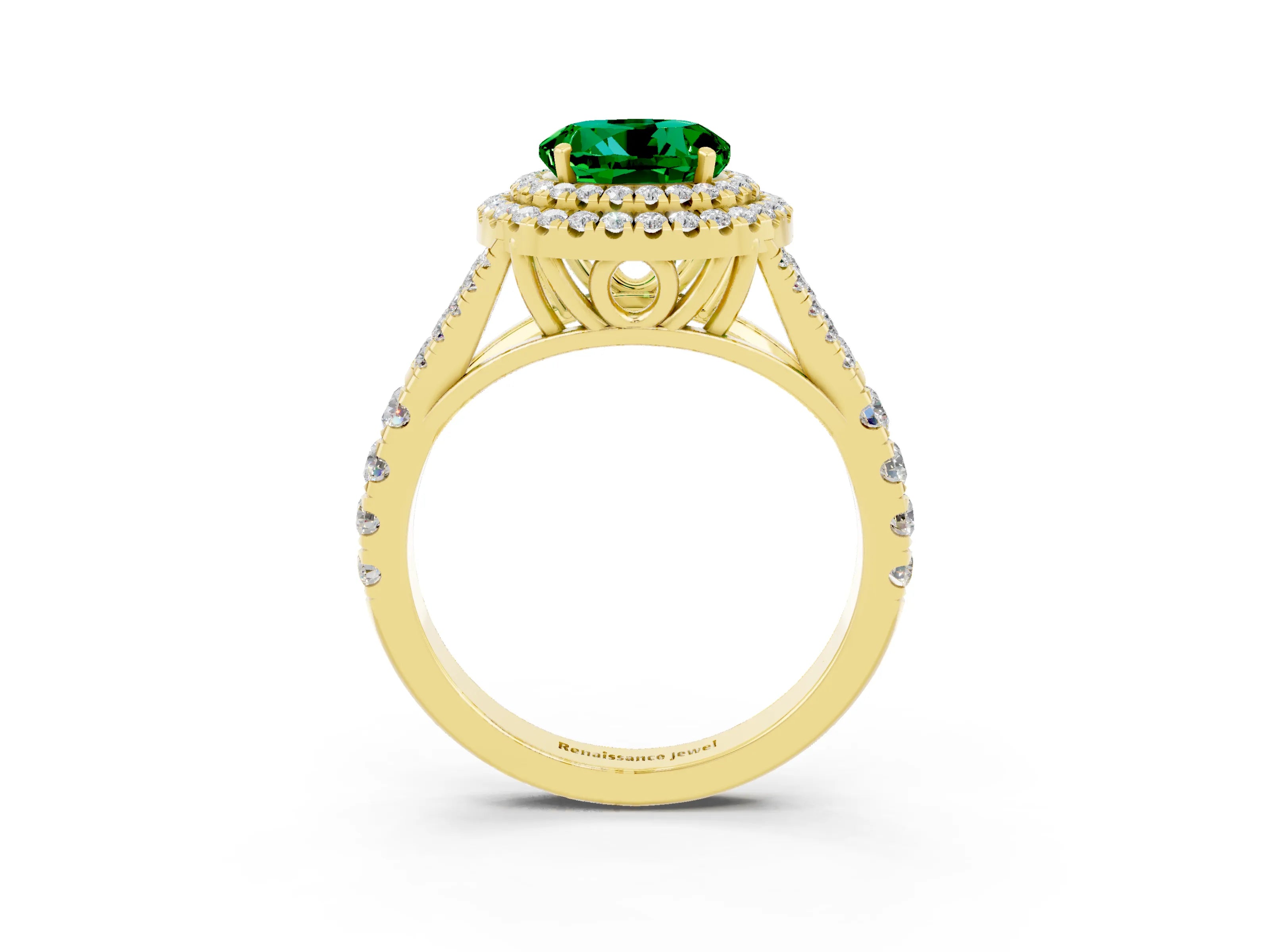 Yellow gold Round Cut Emerald Pavé Split Shank Double Halo Engagement Ring_3
