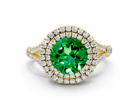 Yellow gold Round Cut Emerald Pavé Split Shank Double Halo Engagement Ring