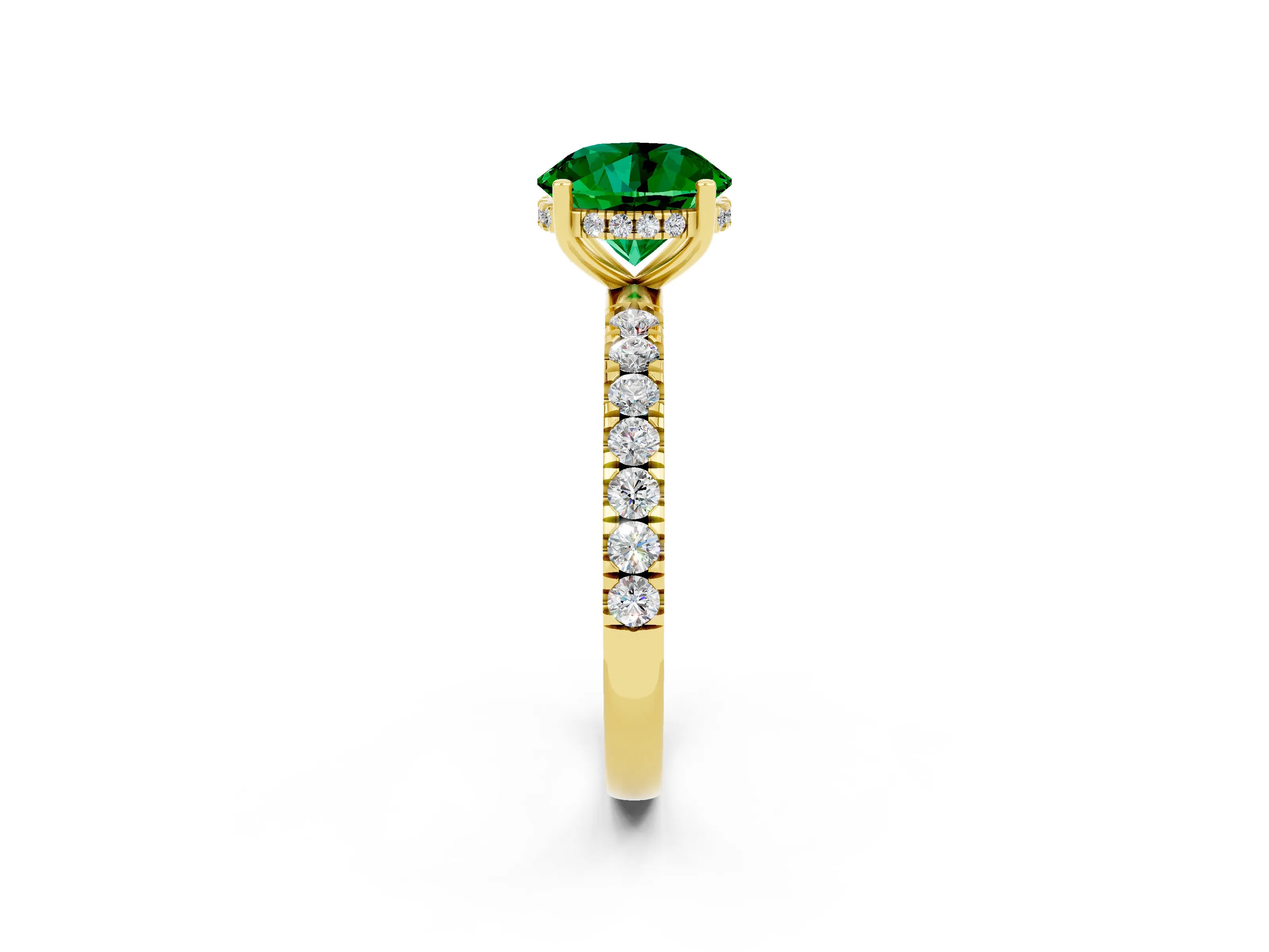 Yellow gold Round Cut Emerald Pave Band Solitaire Ring with Four-Prong Setting_26