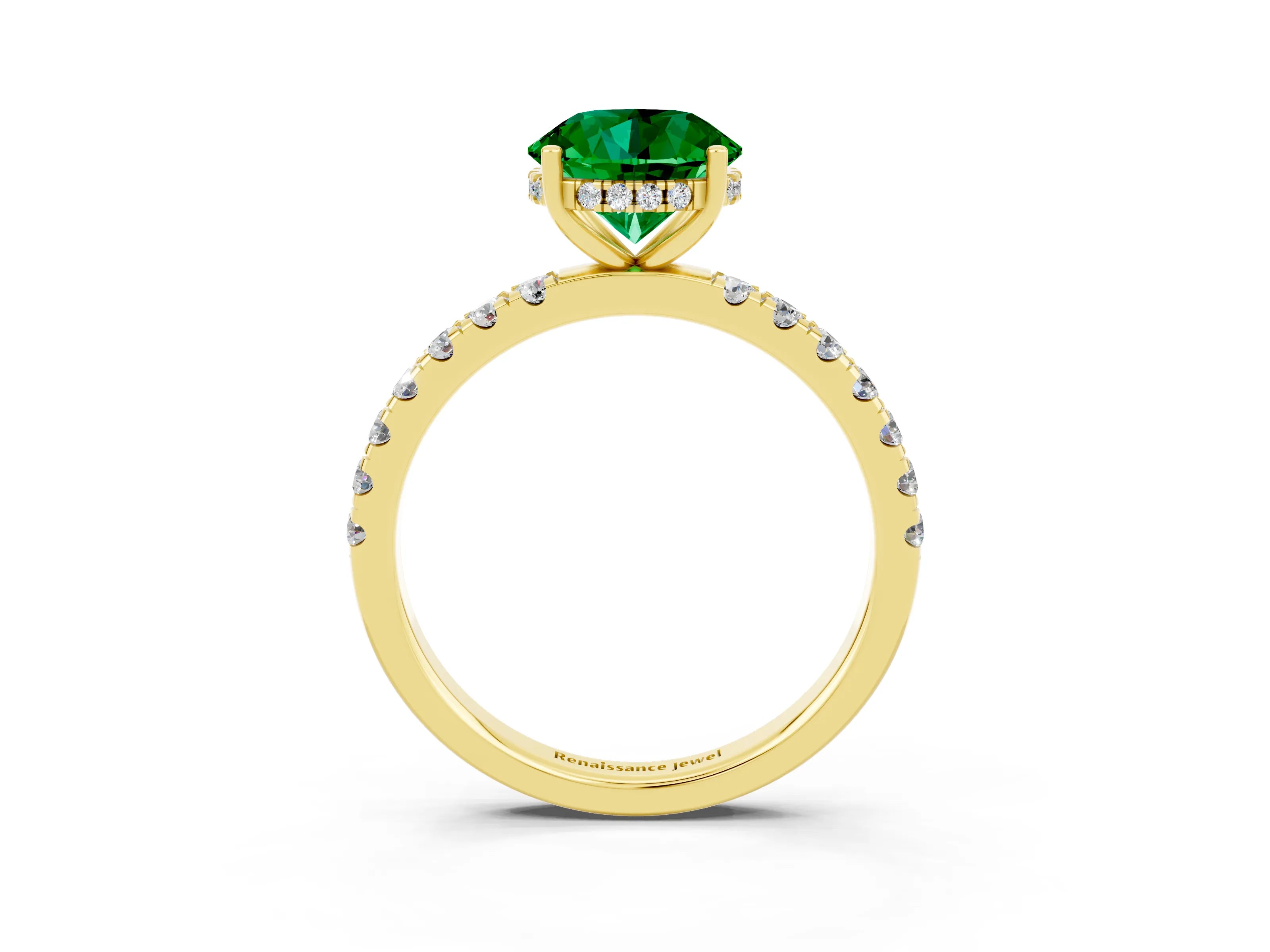 Yellow gold Round Cut Emerald Pave Band Solitaire Ring with Four-Prong Setting_27