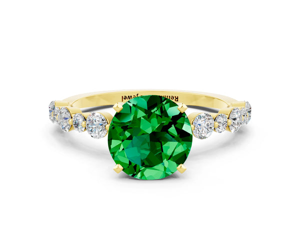 Yellow gold Round Cut Emerald Prong Set Engagement Ring with Pavé Band