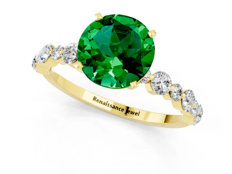 Yellow gold Round Cut Emerald Prong Set Engagement Ring with Pavé Band_1