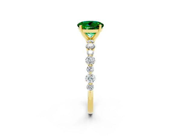 Yellow gold Round Cut Emerald Prong Set Engagement Ring with Pavé Band