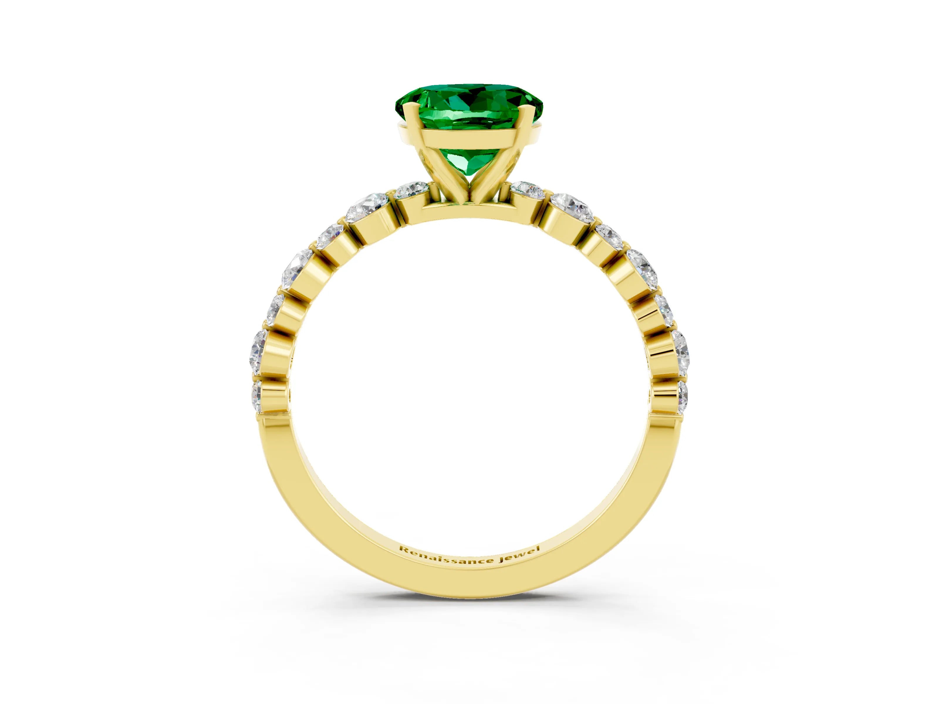 Yellow gold Round Cut Emerald Prong Set Engagement Ring with Pavé Band_3