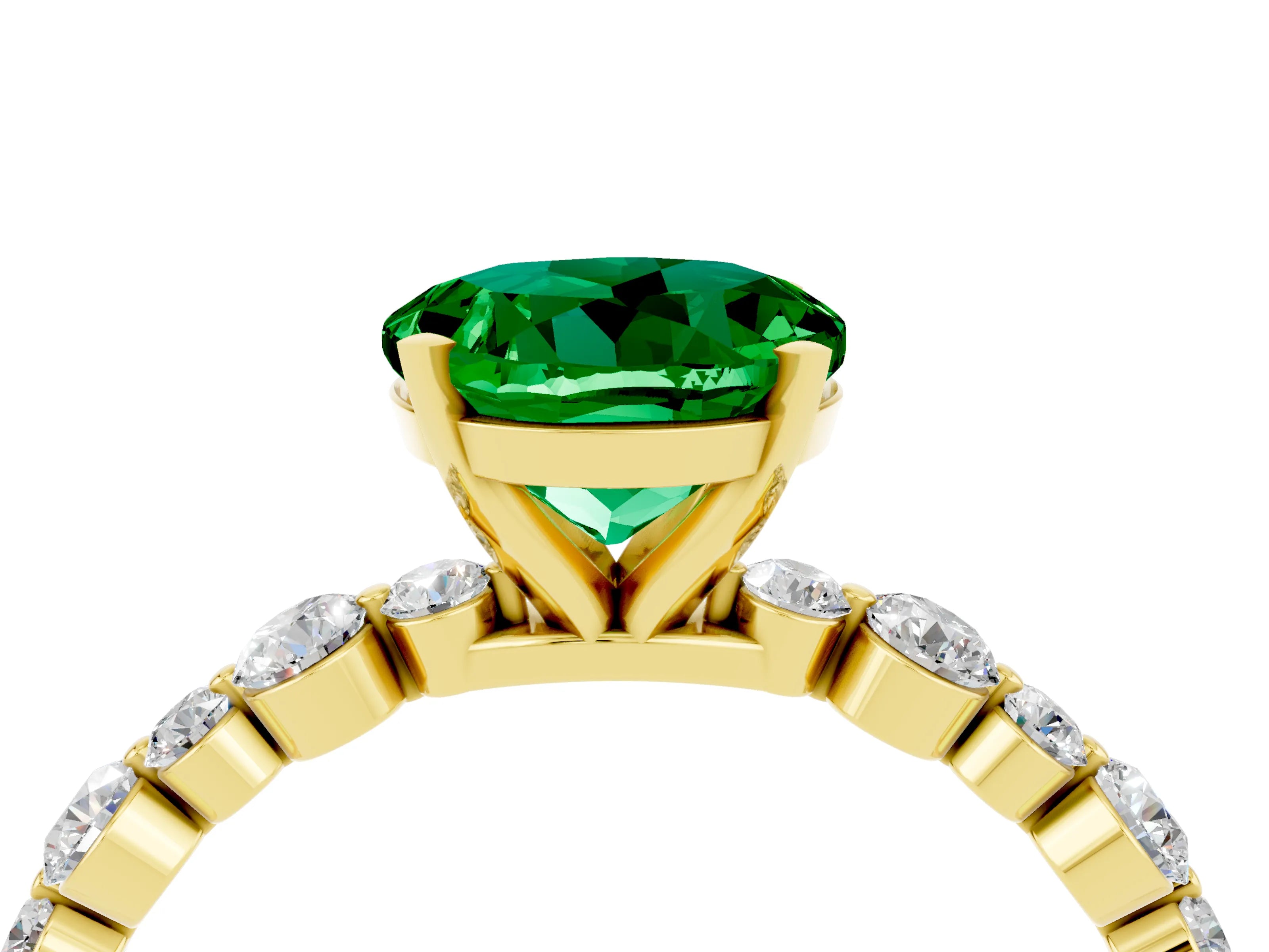 Yellow gold Round Cut Emerald Prong Set Engagement Ring with Pavé Band_4