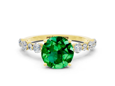 Yellow gold Round Cut Emerald Prong Set Engagement Ring with Pavé Band